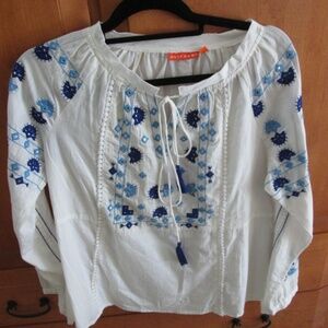 Oliphant Ixtapa Blouse White Long Sleeve Blue Embroidery - Size Small - NWOT
